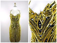 "This is an EXQUISITE vintage mini dress from Lillie Rubin. It's beautifully detailed with glass beading, sequins and jewels and in excellent condition! Bust - 34\" Waist - 26\" Hips - 36\" Length - 38\" Tag Size - Small This dress comes from a pet-free and smoke-free home. If you would like more info or have any questions, please don't hesitate to ask!" Gold Fitted Dress With Beaded Straps, Glamorous Fitted Beaded Dress, Fitted Sequin Dress With Beaded Straps For Cocktail, Hand Embellished Fitted Dress For Party Season, Fitted Beaded Mini Dress For Wedding, Vintage Fitted Sequin Embellished Dress, Vintage Beaded Dresses For Party Season, Beaded Fitted Mini Dress For Formal Occasions, Fitted Beaded Mini Dress For Formal Occasions