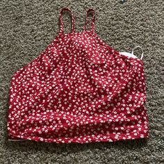 Ive Never Worn This, As It Never Fit Properly. It Still Has The Tags. It Ties At The Back Of The Neck And Has An Open Back. Great Condition Fitted Red Tank Top For Vacation, Red Fitted Tank Top For Vacation, Fitted Red Tops For Beach, Fitted Red Tops For The Beach, Fitted Red Floral Print Tank Top, High Neck Shirts, Heart Tank Top, Red Stretch V-neck Tank Top, Black Bandeau