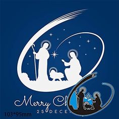 a nativity scene with the birth of jesus and baby jesus in silhouette on a blue background