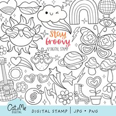 the digital stamp set includes an assortment of cute and colorful items