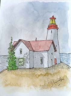 a drawing of a lighthouse on the beach