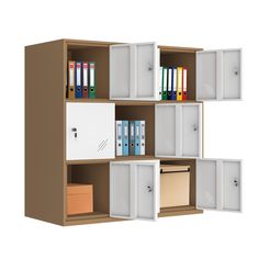 an open bookcase with files, binders and folders on it's sides