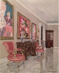 a painting of a living room with paintings on the wall and chairs in front of it