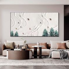 a living room filled with furniture and a painting on the wall above it's coffee table