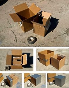 there are several boxes that have been placed on the ground and one is opened to reveal its contents