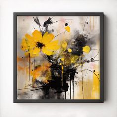 an abstract painting with yellow and black flowers