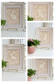 four pictures of the silhouettes of animals in different frames with flowers and greenery