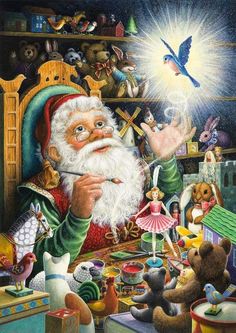 a painting of santa claus in his room surrounded by toys and other christmas items, with a bird flying over him