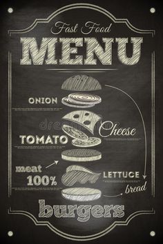 a chalkboard menu with burgers on it and the words, fast food menu