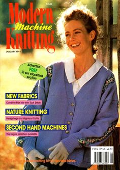 the cover of modern machine knitting magazine, featuring a woman in blue sweater and white shirt