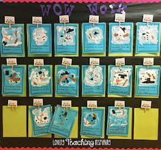 a bulletin board with pictures of snowmen and polar bears on it's sides