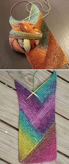 two pictures with different colors of yarn on them