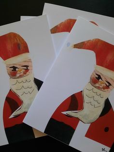 four christmas cards with santa's boots on them, one is red and the other is white