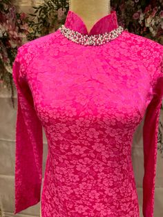 Pink Ao Dai Vietnamese Gam Long Dress With White Pants GR 120 - Etsy Pink Long Sleeve Ao Dai For Party, Pink Fitted Long Sleeve Ao Dai, Fitted Pink Ao Dai For Spring, Spring Stretch Ao Dai With Long Sleeves, Ao Dai Vietnamese, Chinese Tea Ceremony, Headband Men, Colored Pants, Fitted Suit