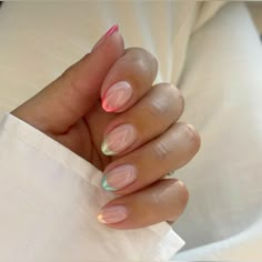 Summer Nails Ideas Square, Rainbow Chrome Nails French Tip, Summer Europe Nails, Multicolor French Tip, European Summer Nails, Two Color French Tip Nails, Europe Summer Nails