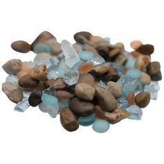 several different colored rocks and stones on a white background