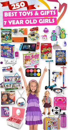 a girl is holding her arms up in front of toys and gifts