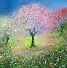 a painting of two trees in the middle of a field with colorful flowers on it