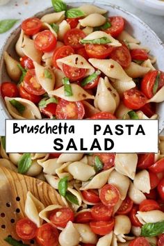 pasta with tomatoes and basil in a white bowl