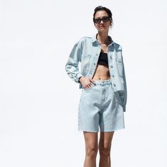 New W Tags! Chic Blue Jean Shorts With Pockets, Light Blue Relaxed Fit Bottoms For Day Out, Spring Light Wash Shorts With Pockets, Chic Blue Relaxed Fit Shorts, Zara High-waist Shorts For Spring, Zara High Waist Spring Shorts, Zara High-waist Spring Shorts, Light Blue Shorts With Pockets For Spring, Chic Relaxed Fit Light Wash Shorts