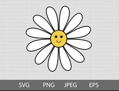 a white flower with a smiley face on it's center and the words svg p