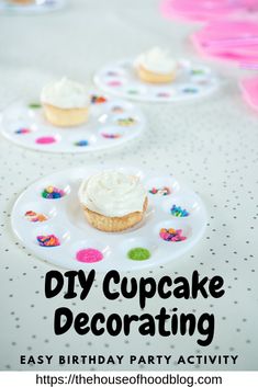 cupcakes on plates with the words diy cupcake decorating