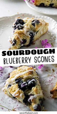 blueberry scones on a white plate with the words sourdough written above it