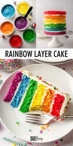 rainbow layer cake on a white plate with colorful icing and sprinkles