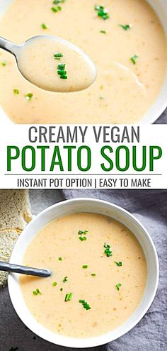 creamy vegan potato soup in a white bowl with a spoon