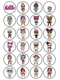 the lol dolls cupcake toppers are all in different colors and sizes, with their names on them