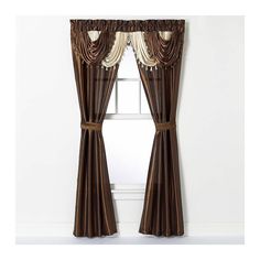 a window with curtains and valances in brown, white and beige colors on the windowsill