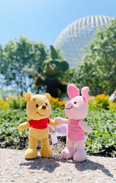 winnie the pooh and piglet are standing next to each other in front of flowers