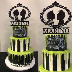 two tiered cake decorated with black and white icing, featuring the silhouettes of two people