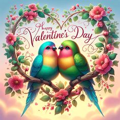 two birds sitting on top of a branch with flowers in the shape of a heart