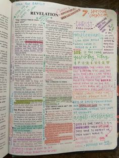 an open bible with words written in different languages and colors on the inside of it