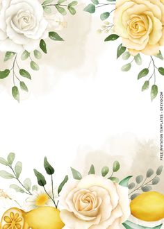 watercolor roses and lemons on a white background with green leaves in the corner