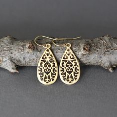 Gold Filigree Earrings Matte Gold Earrings 18k Gold - Etsy Elegant Brass Teardrop Earrings With French Hook, Elegant Teardrop Earrings With French Hook In Brass, Hypoallergenic Brass Earrings For Formal Occasions, Hypoallergenic Brass Earrings For Formal Events, Matte Gold Earrings, Gold Teardrop Earrings, Gold Filigree Earrings, Dangle Earrings Gold, Westlake Village