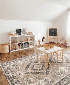 a child's playroom with toys and bookshelves