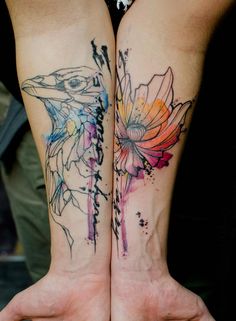 two tattoos on both legs with flowers and birds