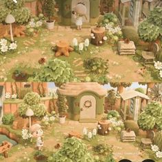 two pictures of the same wallpaper with different animals and houses in it, one has a dog house