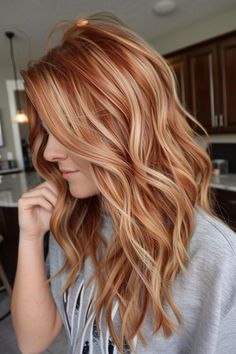 40+ Gorgeous Blonde Highlights Ideas To Try This Year - Flo's Blog Copper Hair With Highlights Blonde, Goldwell Strawberry Blonde Formula, Auburn Hair Color With Highlights Copper, From Red To Blonde Hair, Blonde With Copper Highlights, Pumpkin Hair Color, Blonde And Copper Highlights, Red To Blonde Hair, Auburn With Blonde Highlights