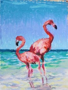 a painting of two pink flamingos standing in the water at the ocean's edge