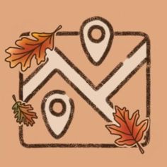 a drawing of a house with leaves on it and a pin marker in the middle