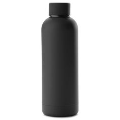 a black stainless steel water bottle on a white background with clippings to the side