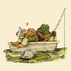 two frogs are sitting in a boat on the water and one frog is holding a book