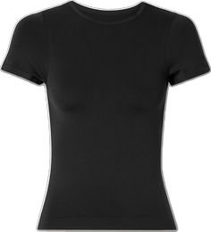 High Stretch Seamless Scoop Neck T-shirt, Basic Seamless Snug Fit T-shirt, Fitted Jersey T-shirt For Sports, Fitted Black Athleisure T-shirt, Snug Fit Crew Neck T-shirt For Athleisure, Black High Stretch Crew Neck T-shirt, Fitted Black Elastane T-shirt, Sporty Fitted T-shirt With Scoop Neck, Solid Seamless Elastane T-shirt