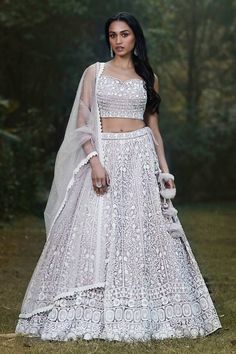 Lilac attached cancan lehenga with all-over ivory floral thread work and beads, sequins highlighted embroidery. Comes with matching padded blouse - Aza Fashions Festive White Lehenga With Lace Work, Semi-stitched Lace Choli For Wedding, Lace Work Sharara For Wedding And Navratri, Wedding Sharara With Lace Work For Navratri, Party White Lehenga With Lace Work, Wedding Lace Semi-stitched Choli, Festive Wedding Lace Choli, Lace Lehenga With Pallu For Wedding, White Lace Lehenga For Diwali