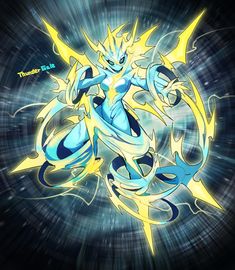 a blue and yellow pokemon character in the middle of a dark background with light streaks