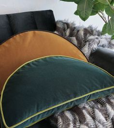 two pillows sitting on top of a couch next to a potted leafy plant