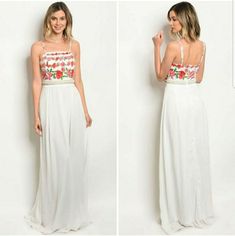 Let Love Begin In This Floral Ivory Beaded Maxi Dress! Romantic Floral Adjustable Strap Top, Stunning Pearl Beading Around The Waist. Woven Poly Maxi Skirt Cascades Below A Set-In Waist. Hidden Back Zipper/Clasp. Fabric: Polyester Size: Small, Medium & Large White Dresses With Beaded Straps For Spring, White Sleeveless Dress With Beaded Straps, White Sequined Maxi Evening Dress, Off White Dresses With Pearl Embroidery For Party, White Summer Dress With Pearl Embroidery, Summer White Dress With Pearl Embroidery, White Embellished Vacation Dress, White Beaded Strap Dresses For Prom, White Bohemian Dress With Pearl Embroidery